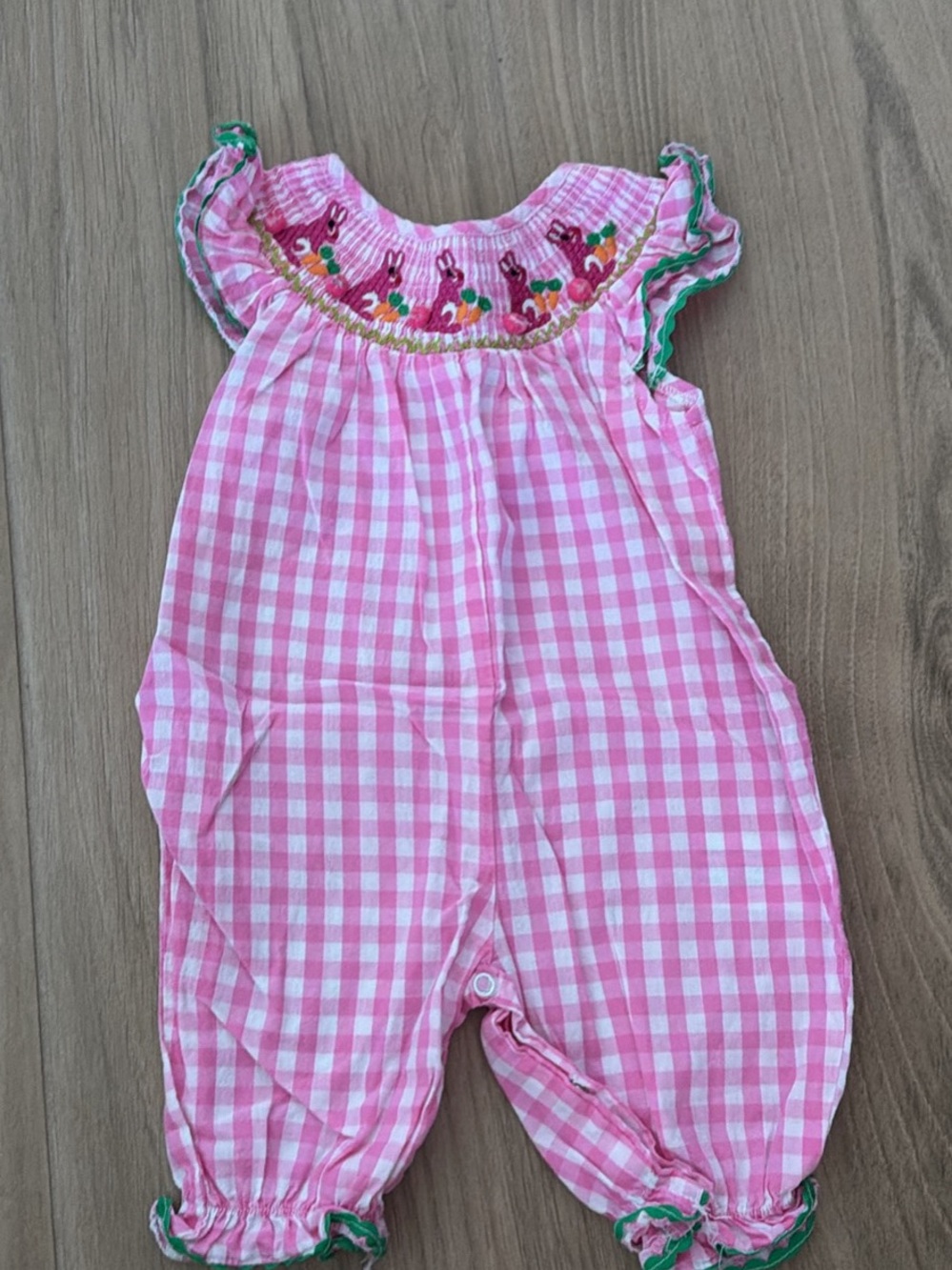 Pink Gingham Smocked Bunny/Easter Baby Romper with Green Trim